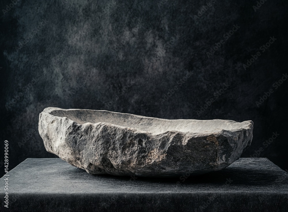 Rustic stone bowl on dark surface Rustic stone bowl on dark surface