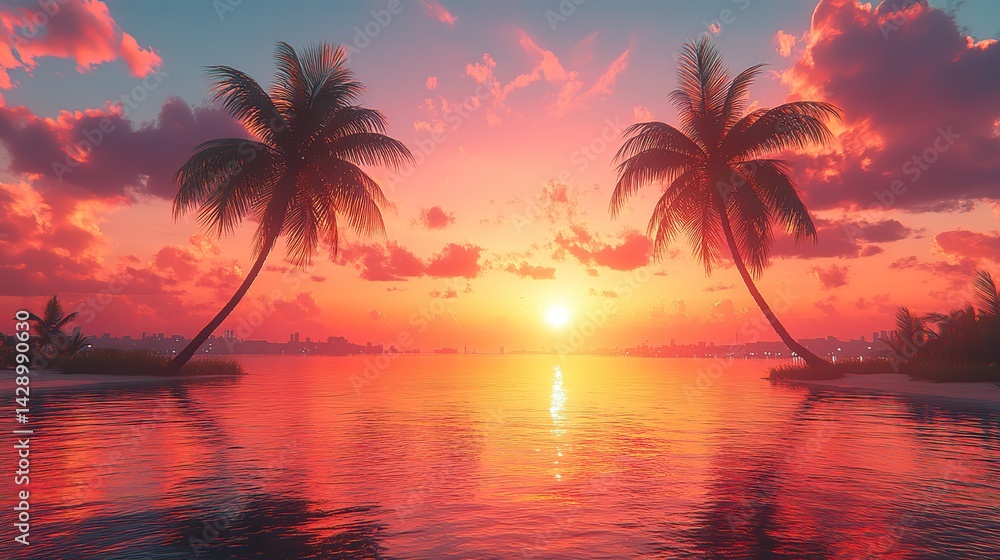 Creating a serene and idyllic tropical scene perfect for evoking a sense of summer vacation and relaxation, two palm trees stand tall against the backdrop of a vivid orange and pink sunset. Creating a serene and idyllic tropical scene perfect for evoking a sense of summer vacation and relaxation, two palm trees stand tall against the backdrop of a vivid orange and pink sunset.