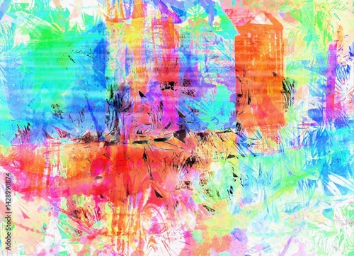 Color explosion over beach huts – digital art with rainbow textures