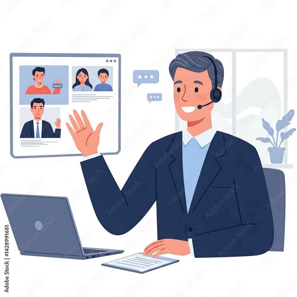 businessman with laptop on conference call businessman with laptop on conference call