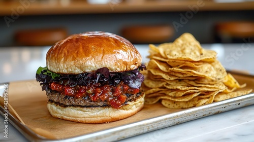 Wallpaper Mural Grilled burgers tortilla chips salsa feast Delicious burger served with a side of crispy tortilla chips. Torontodigital.ca