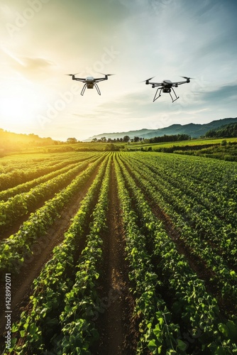 Drones flying over farm fields at sunset