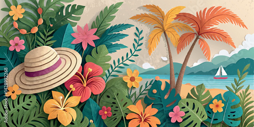 Summer background with flowers and a hat