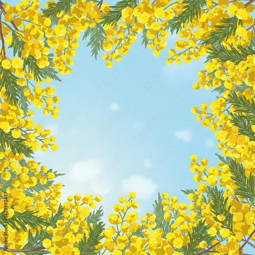 tree with flowers in frame with blue sky. vector illustration