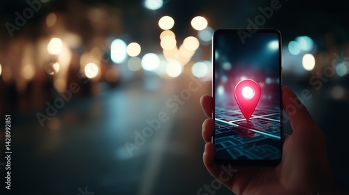 Person using mobile phone with location pin on map app, navigating in urban area at night