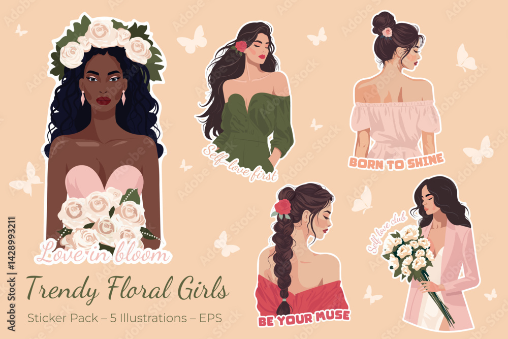 Set of stylish floral girl stickers with inspirational quotes. Elegant women in trendy outfits with flowers. Editable vector, grouped elements, perfect for print or digital use.