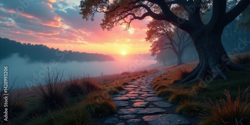 A stone path winds through a mystical autumnal landscape, leading towards a breathtaking sunset over a fog-shrouded valley, framed by ancient trees casting long shadows.