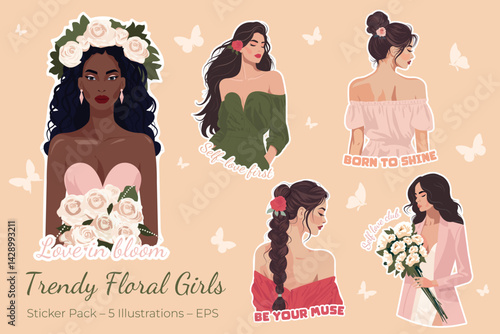 Obraz na płótnie Set of stylish floral girl stickers with inspirational quotes. Elegant women in trendy outfits with flowers. Editable vector, grouped elements, perfect for print or digital use. w salonie