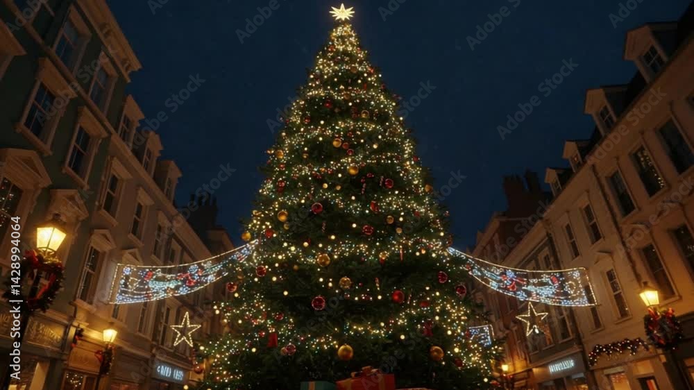 Festive Christmas Tree in European Town Square at Night Festive Christmas Tree in European Town Square at Night