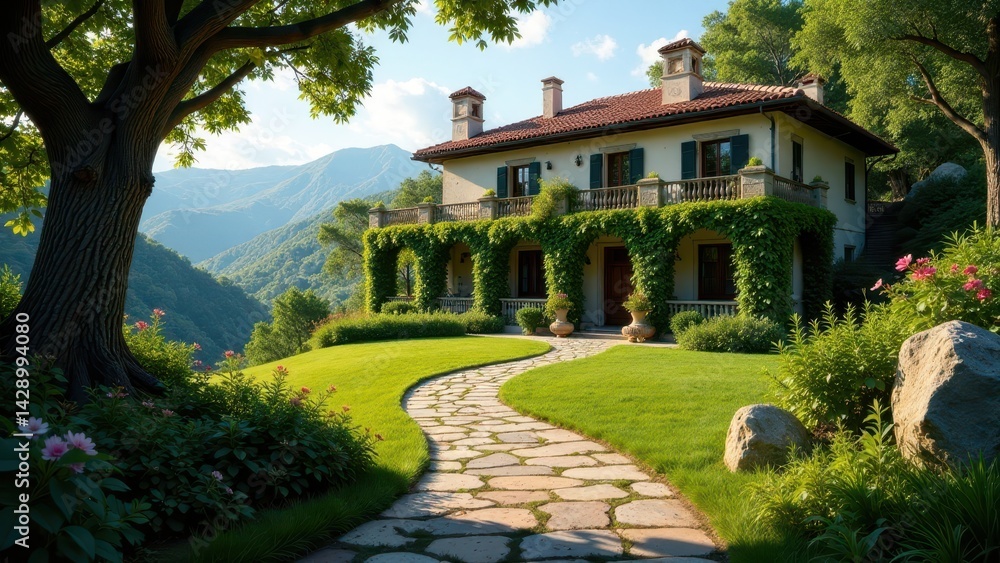 Serene hillside estate with a stone pathway, lush gardens, and a two-story house featuring a balcony and ivy-covered columns Serene hillside estate with a stone pathway, lush gardens, and a two-story house featuring a balcony and ivy-covered columns