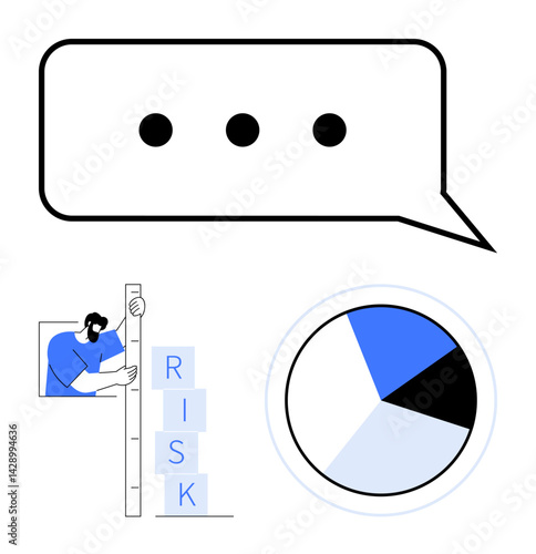 Speech bubble with ellipsis, person stacking risk blocks, blue pie chart sectioning data. Ideal for business strategy, decision-making, risk assessment, communication, goal planning, analytics