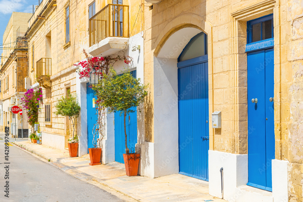 View of an empty typical Maltese street with potted trees near blue wooden garage doors