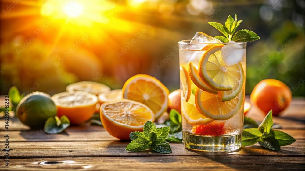 Fototapeta premium Summer Solstice Refreshing citrus drink with slices of lemon and lime, garnished with mint, set against a sunlit backdrop.