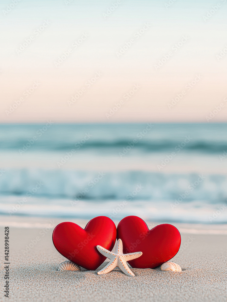 Fototapeta premium Two red heart-shaped stones and a starfish on a sandy beach with ocean waves in the background.