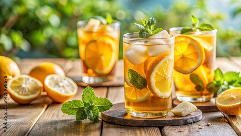 Summer Solstice Refreshing iced tea with lemon and mint served in glass jars on a wooden table. Summer Solstice Refreshing iced tea with lemon and mint served in glass jars on a wooden table.