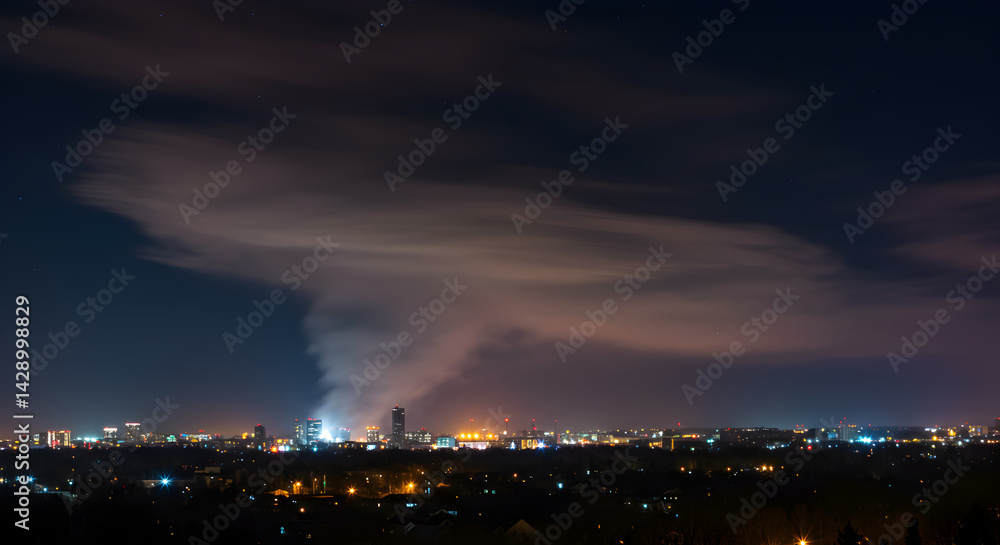 Fototapeta premium Night Cityscape Illuminated Under An Unusual Cloudscape With Darkened Sky