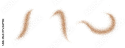 Powdered coffee cinnamon cocoa dust swirls in a chocolate background. Sugar particles and cacao beans explode in flying spiral motion. Top view of ground spice splash forms a fresh aromatic pile.