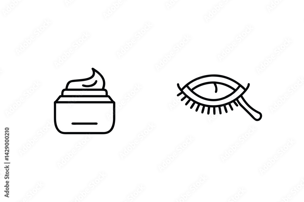 Obraz premium Beauty Icon Set Outline Minimal Style Cream Jar And Eye With Applicator