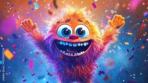 Happy furry orange monster with big eyes celebrating with confetti on blue background, cartoon photo scene