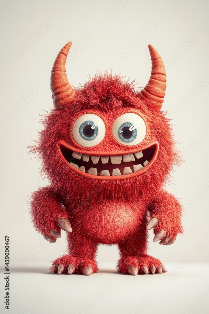 Adorable red cartoon monster with big eyes and horns smiling on light background with playful happy vibe Adorable red cartoon monster with big eyes and horns smiling on light background with playful happy vibe
