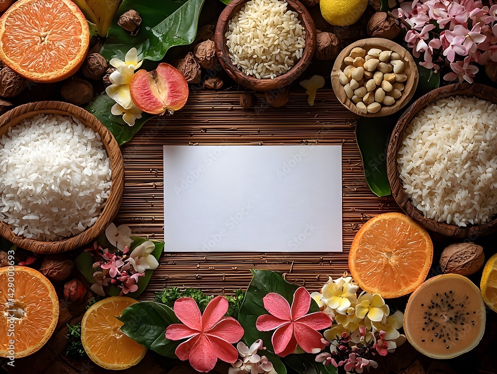 Blank white gift card surrounded by natural offerings of fruit rice and flowers