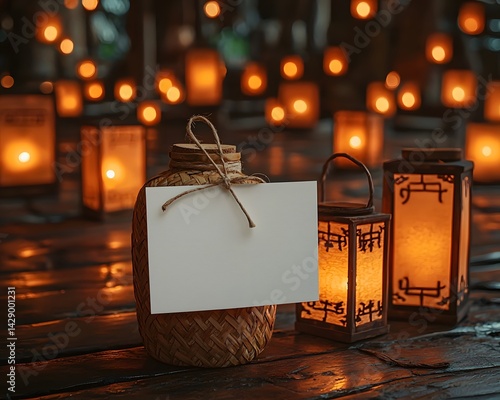 Blank gift card tied to a glowing paper lantern for Vesak Day