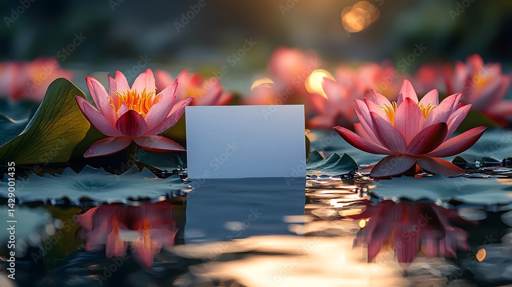 Serene lotus blooms frame a blank gift card on a tranquil pond