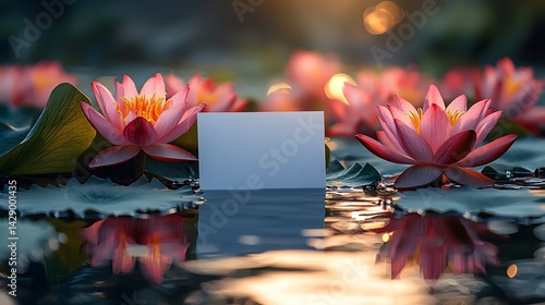 Obraz na płótnie Serene lotus blooms frame a blank gift card on a tranquil pond w salonie