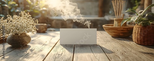 Obraz na płótnie Tranquil gift card with incense smoke on wooden table w salonie