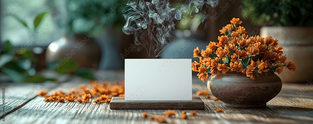 Blank white gift card with wafting incense smoke on a wooden surface