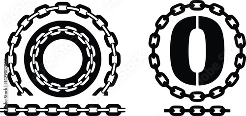 Black and white illustration of chain elements with letter o and circles