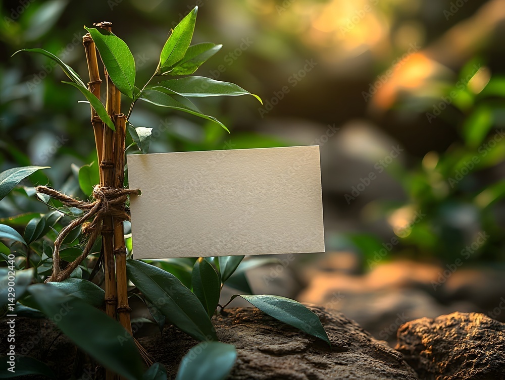Blank card sign attached to a natural plant stem