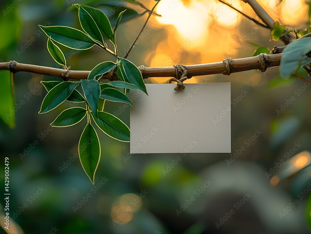 A blank gift card tied to a bamboo stick against a background of natural foliage and warm morning light
