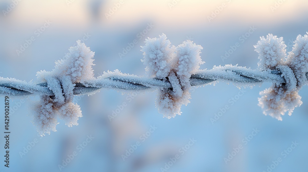 Delicate patterns of frost covering a barbed wire fence Delicate patterns of frost covering a barbed wire fence