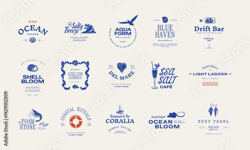 Set of ocean-themed vector logos. Includes stylized waves, marine animals, and coastal elements. Great for branding beach resorts, travel services, or eco-friendly businesses.