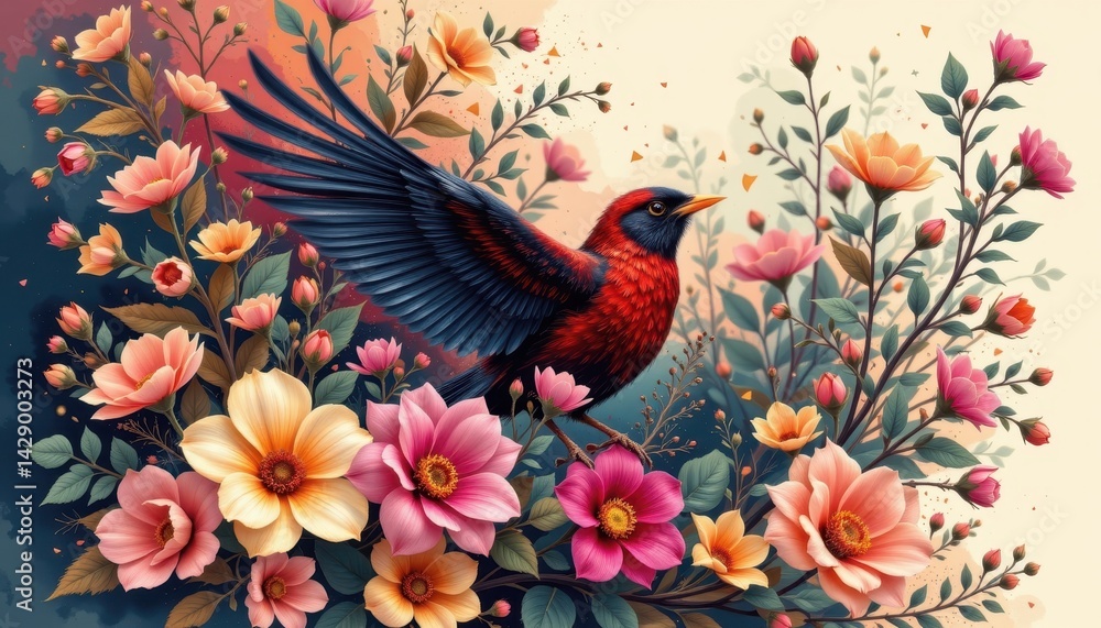 Fototapeta premium Floral explosion featuring a striking bird, blending into a botanical landscape.