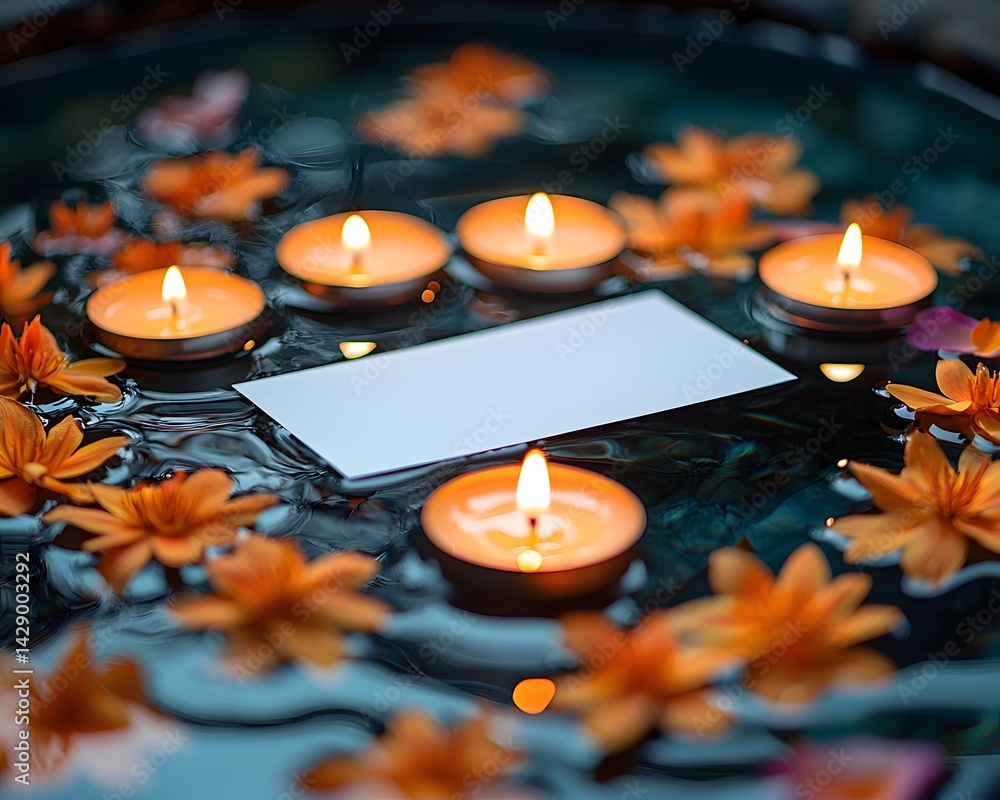 Blank gift card in tranquil water bowl with floating candles and flowers