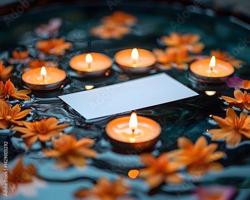Obraz na płótnie Blank gift card in tranquil water bowl with floating candles and flowers w salonie