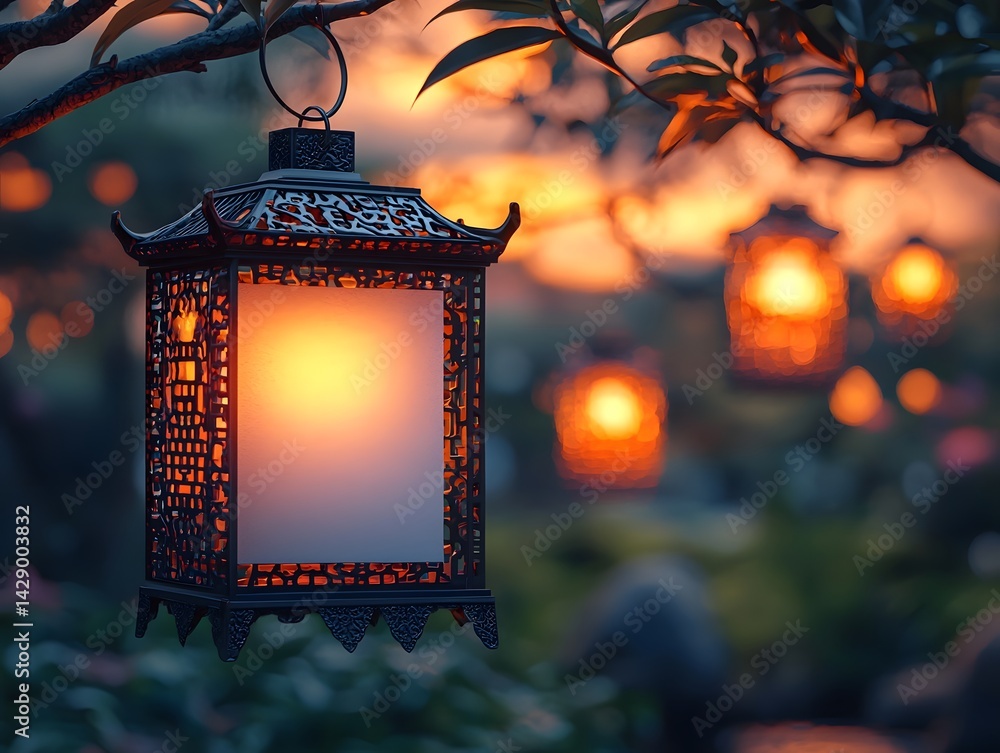 A glowing lantern hanging in a serene twilight setting