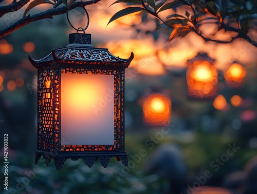 Obraz na płótnie A glowing lantern hanging in a serene twilight setting w salonie