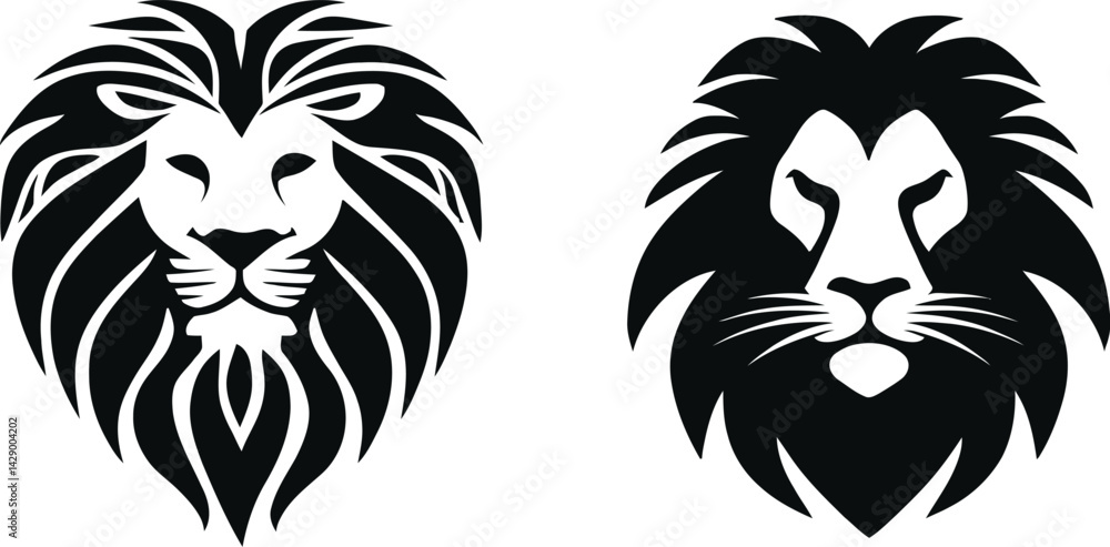 Vector Illustration of Two Stylized Lion Heads in Black and White, Showcasing Contrasting Mane Designs and Expressions Vector Illustration of Two Stylized Lion Heads in Black and White, Showcasing Contrasting Mane Designs and Expressions