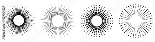 Set of sunburst rays and halftone dotted circle frame shapes