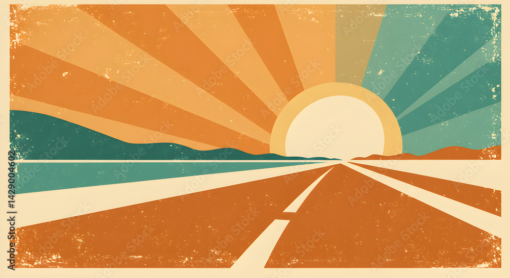 Fototapeta premium Retro Road Trip At Sunrise In A Distressed Vintage Travel Poster