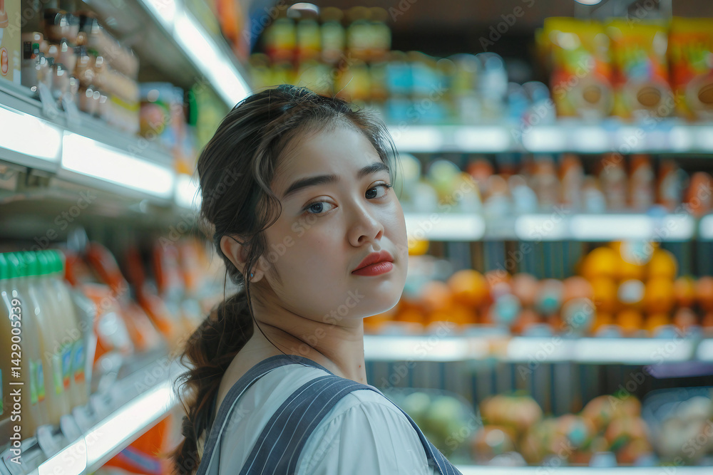 Generative AI Image of a Smiling Supermarket Worker in the Aisle with Products on Display Generative AI Image of a Smiling Supermarket Worker in the Aisle with Products on Display
