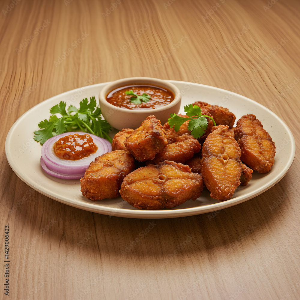 Delicious fried chicken wings and nuggets served with french fries and salad on a dinner plate Delicious fried chicken wings and nuggets served with french fries and salad on a dinner plate