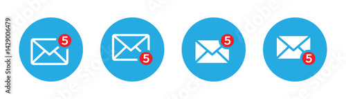Email message notification vector icon in blue with number of messages in red. Email and electronic message sign icon for app or web. Vector illustration