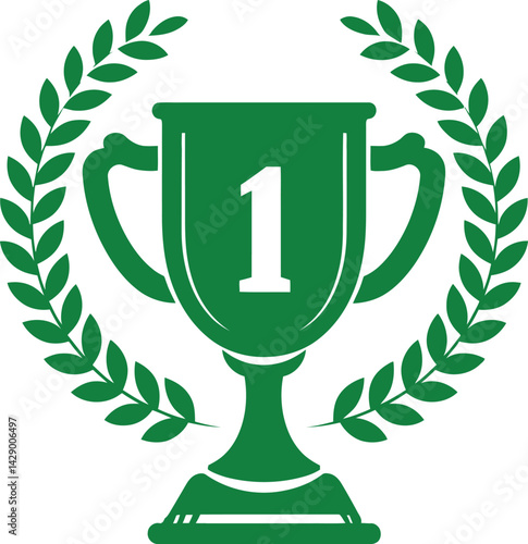 Vector Illustration of a Green Trophy with the Number "1" Surrounded by a Laurel Wreath, Representing Victory and Achievement