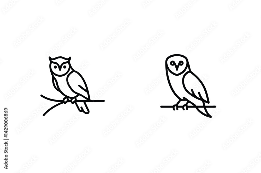 Obraz premium Minimalist Owl Line Art Vector Graphic Featuring Two Owls On Branches