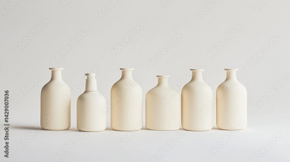 Simple, cream-colored ceramic bottles arranged in a row Simple, cream-colored ceramic bottles arranged in a row