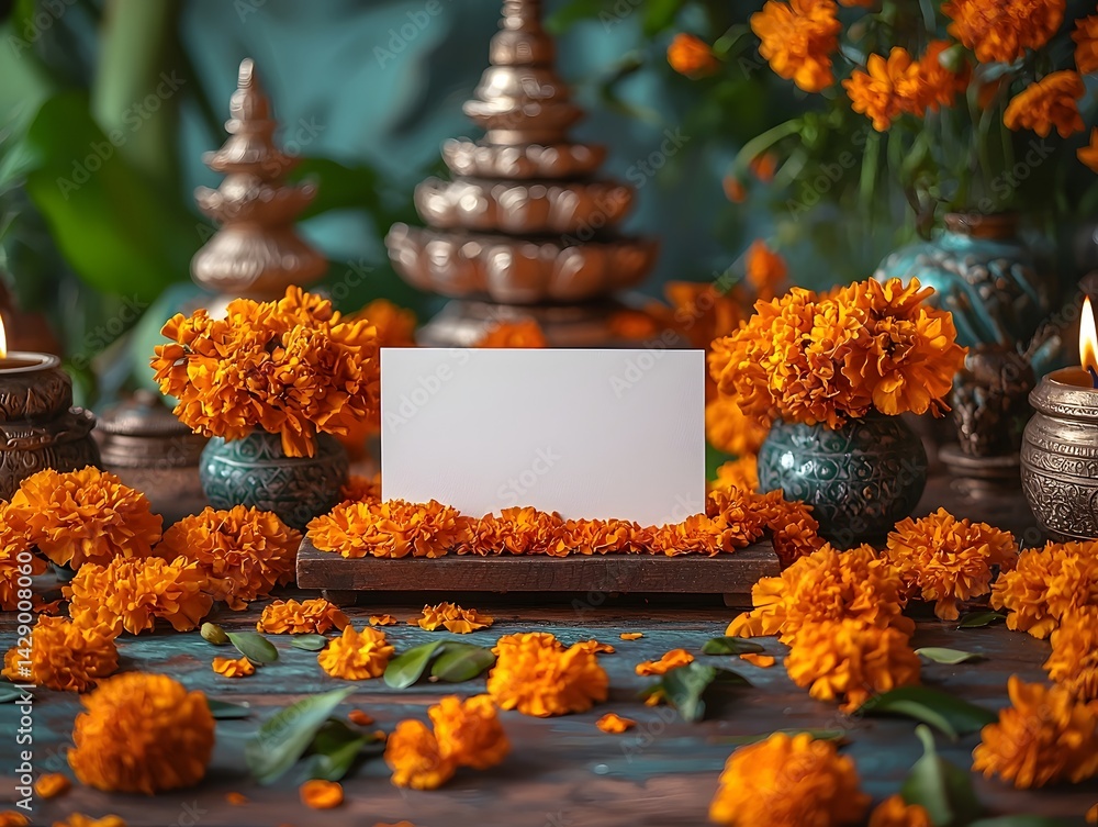 Marigold Garlands and Miniature Stupa Decorate a Blank Gift Card